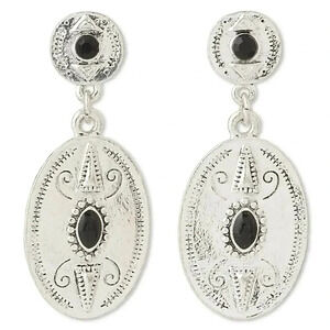 Caved Antiqued Silver Pewter Ovals with Black Accents 2" Long Dangle Earrings